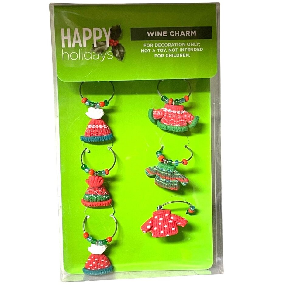 Happy Holidays Christmas Winter Wine Charms NEW Set of 6 Sweaters Stocking Caps